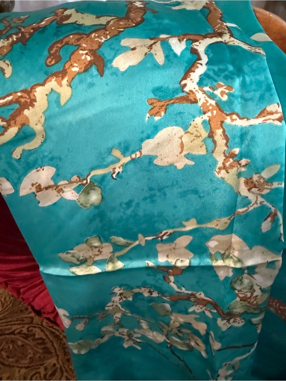 🌷NEW🌷Turquoise Floral Satin Scarf with Gold & Cream Branch Print silky